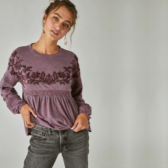 2/$30 Lucky Brand Embroidered Long Sleeve Babydoll Top Huckleberry XXL #BAG1 - Picture 3 of 11